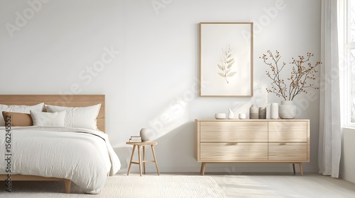 Modern Minimalist Bedroom with White Bed and Wooden Dresser