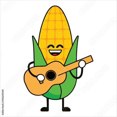 Happy musical corn mascot strumming guitar vector illustration. Cheerful veggie performer ideal for kids education apps and agricultural fair promotions.