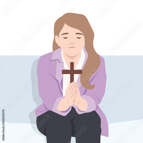 Peaceful woman sits with eyes closed, holding a wooden cross in prayer. Flat vector illustration isolated on white background
