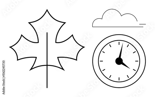 Stylized leaf, simple cloud, and analog clock suggesting themes of nature, passing time, balance, mindfulness, seasonal changes, and timeless design. Ideal for environment time management