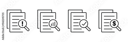 Vector icons present document auditing for verification, including finance analytics and error checks for business