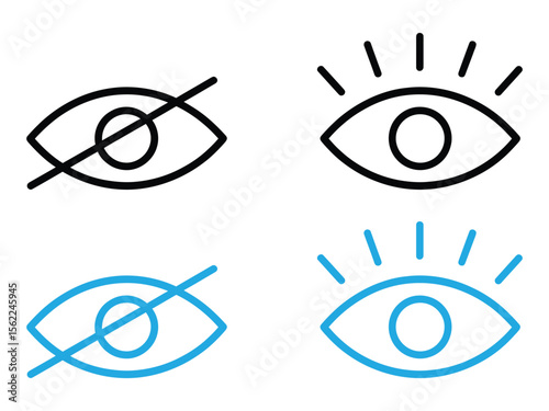 A visibility icon set represents showing and hiding content with blue and black eye graphic symbols.