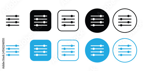 Settings icon variations showcase control panel adjustments in black and blue, designed for user interface and website navigation.