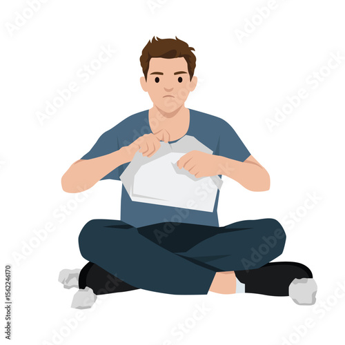 Frustrated Man Tearing a Sheet of Paper. Flat vector illustration isolated on white background