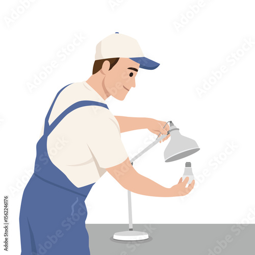 Man Fixing Desk Lamp with Light Bulb. Flat vector illustration isolated on white background