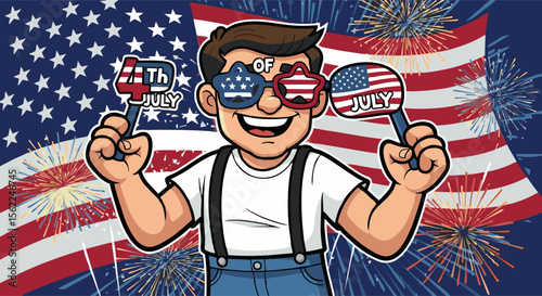 Joyful Man Celebrates Fourth of July with Fireworks and Patriotic Props
