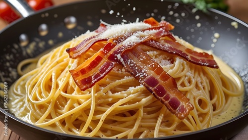 Spaghetti carbonara in non-stick pan with crispy bacon, creamy sauce, and parmesan, close-up