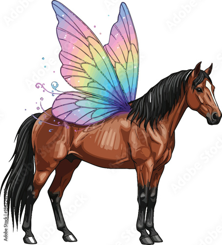 Brown horse vector illustration standing in snowy field isolated on white background