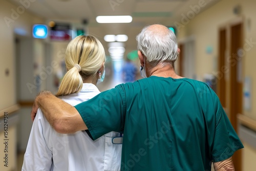 Wallpaper Mural A senior male doctor and a young female nurse walk down the hospital corridor, showcasing teamwork and compassion in healthcare. Torontodigital.ca