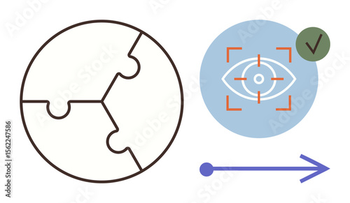 Puzzle globe, eye tracking with checkmark inside focus reticle, and forward arrow. Ideal for global strategy, focus, innovation, progress, problem-solving approval and simplicity. Simple flat