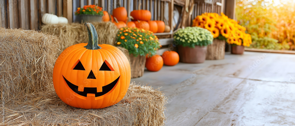 Obraz premium Bright orange pumpkin with a smile in an autumn setting surrounded by hay bales, flowers, and additional pumpkins with copy space during the harvest season