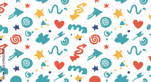 Wallpaper Mural Playful Colorful Doodle Pattern with Hearts Stars Arrows and Swirls on White Torontodigital.ca