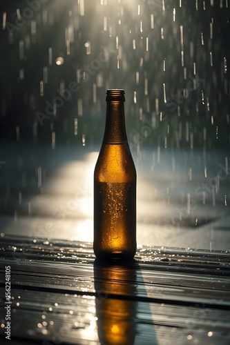 Brown glass bottle standing on wet wooden surface in rain with dramatic lighting and reflection.