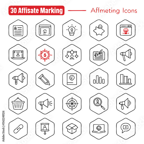 Collection of thirty affiliate marketing icons displayed in a hexagonal outline arrangement format present
