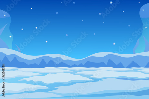 Arctic landscape with icy terrain and starry sky winter snow