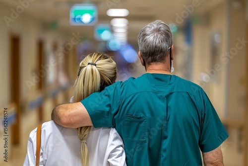 A compassionate moment between a male and female healthcare worker in a hospital, showcasing support and teamwork.