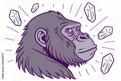 Majestic gorilla with glowing purple eyes and crystals primate animal