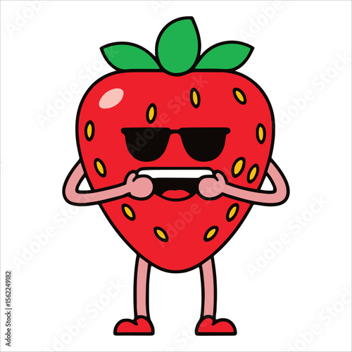 Stylish strawberry with sunglasses vector illustration. Playful fruit character ideal for festival posters and social media foodie content.
