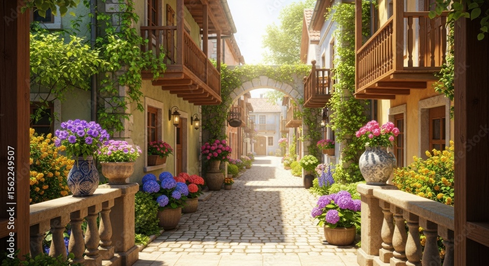 Fototapeta premium Sunlit cobblestone street lined with colorful flowers and charming buildings
