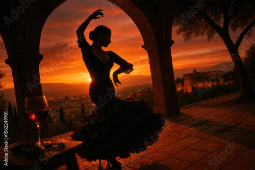 Andalusian Flamenco Silhouette of a Woman Dancing in Iconic Dress at Sunset with Granada and the Alhambra in the Background

