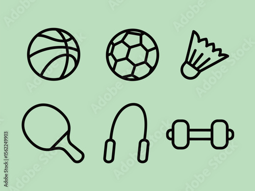 Sports Equipment Icons Set basketball soccer shuttlecock ping pong jump rope dumbbell