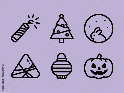 Party Items and Holiday Symbols line art design elements for festive occasions