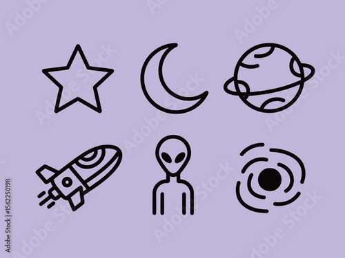 Space Symbols and Objects including star moon planet rocket alien and vortex