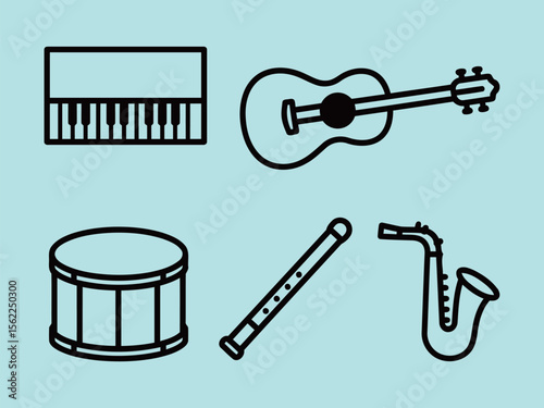 Musical Instruments Including Piano Guitar Drum Flute and Saxophone