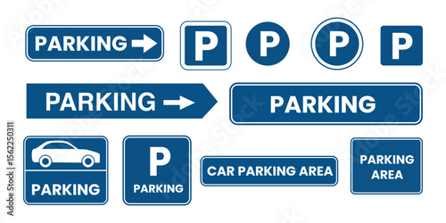 A collection of diverse parking signs is displayed, presenting various styles and designs for parking area identification and wayfinding.