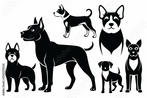 Black dog silhouettes in various poses dogs canine