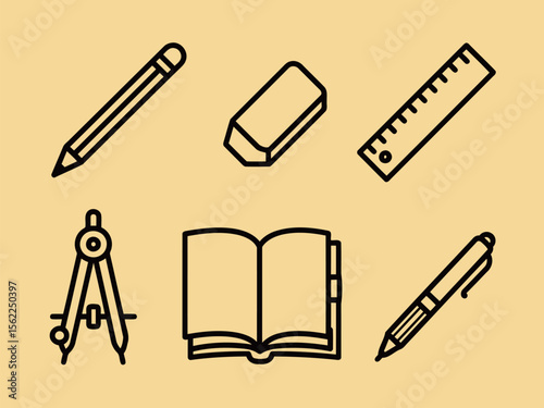 School Supplies Including Pencil Eraser Ruler Compass Book and Pen