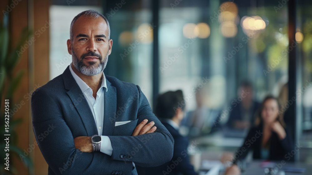 Fototapeta premium Executive leading a team discussion, arms crossed, standing with authority, corporate boardroom background generative ai