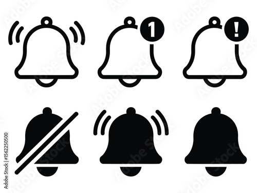 Notification bell icons showcase alerts, unread messages, and sound settings in a vector format for user interfaces.