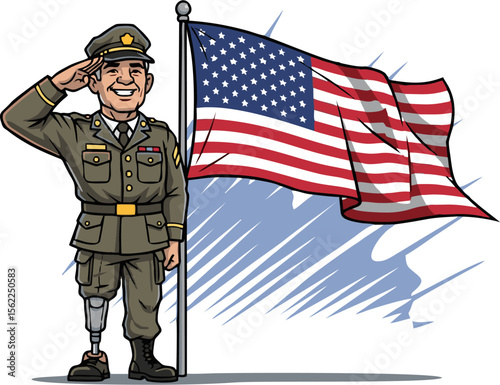 Smiling Veteran Saluting Beside Waving American Flag with Prosthetic Leg