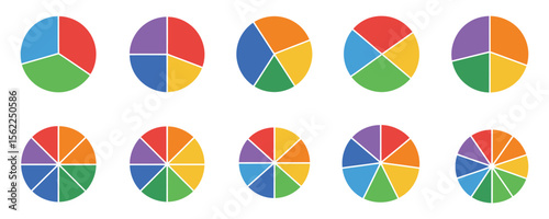 Variety of colorful pie chart graphics depicting different segmentations and visual representations of data