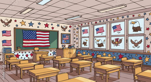 Patriotically Decorated Classroom with American Flags and Eagles