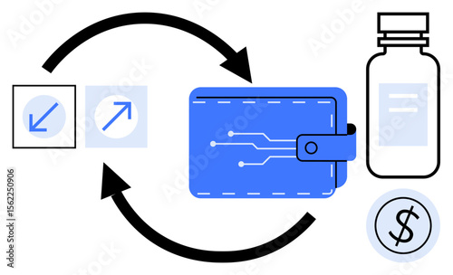 Digital wallet, bidirectional arrows, pill bottle, coin with dollar sign symbolize financial transactions, healthcare expenses, and technology. Ideal for finance, health, e-commerce budgeting