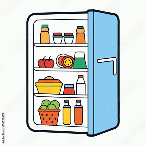 An opened refrigerator packed with fresh fruits, veggies, drinks, snacks, and leftovers, neatly arranged on bright shelves, ready for a quick grab anytime.
