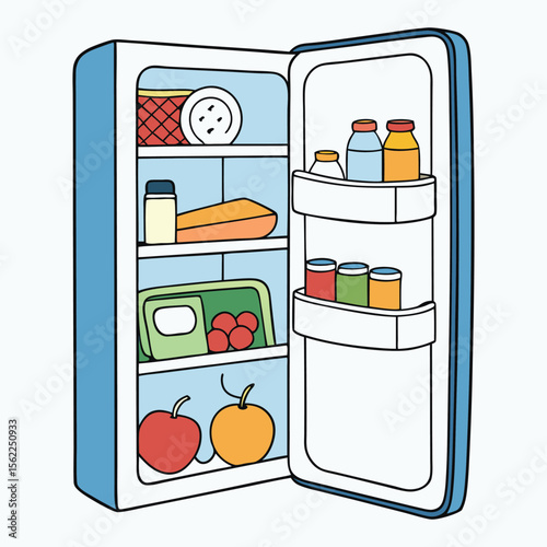 An opened refrigerator packed with fresh fruits, veggies, drinks, snacks, and leftovers, neatly arranged on bright shelves, ready for a quick grab anytime.
