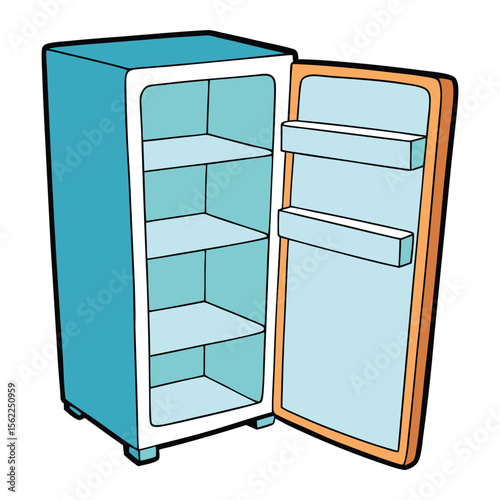 An open, empty refrigerator with clean white shelves and bright interior light, showing no food inside, symbolizing hunger, minimalism, or starting fresh.
