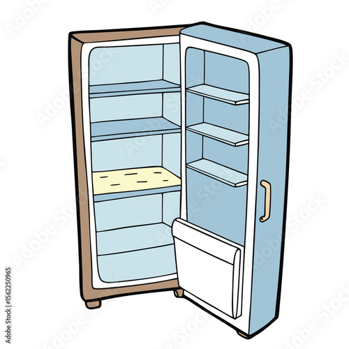 An open, empty refrigerator with clean white shelves and bright interior light, showing no food inside, symbolizing hunger, minimalism, or starting fresh.
