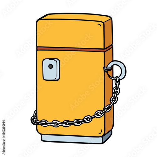A refrigerator secured with a heavy chain and lock around its handles, symbolizing restricted access or food security, on a clean white background.
