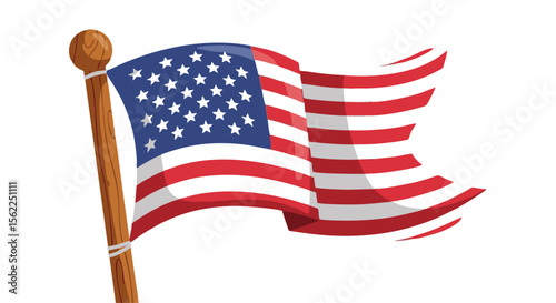 Waving American Flag Cartoon with Wooden Pole and Bulbous Finial