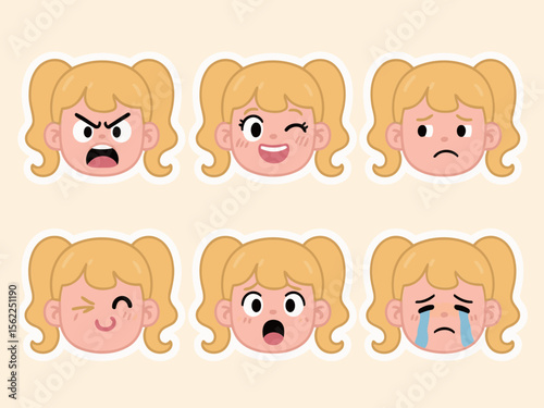 Emotional Expressions of a Blonde Girl with Pigtails