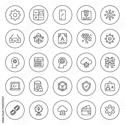 Collection of outline icons representing various technology and business related concepts in circles design