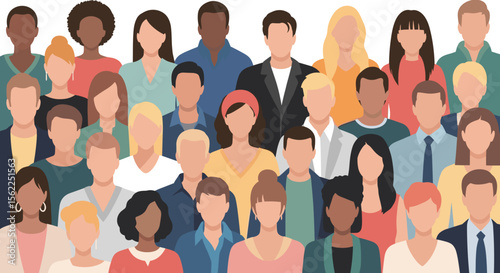 A diverse group of people's faces are shown in a vibrant, colorful illustration, representing a global community and cultural diversity, ideal for themes of inclusion, teamwork, and social unity.