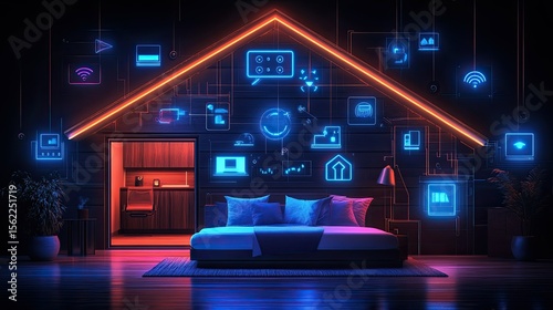Futuristic Smart Home PNG with Digital Automation Icons and High-Tech Interior Design for IoT and Home Automation Graphics