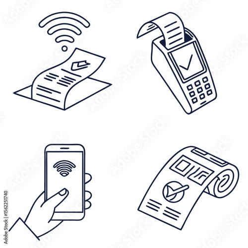 A set of four isometric line art icons depicting contactless payment methods including a receipt with wifi symbol a credit card terminal a smartphone in hand and a rolled receipt