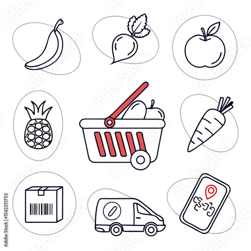 Collection of simple line art icons representing grocery shopping and delivery services including fruits vegetables a shopping basket a delivery van a package and a mobile map