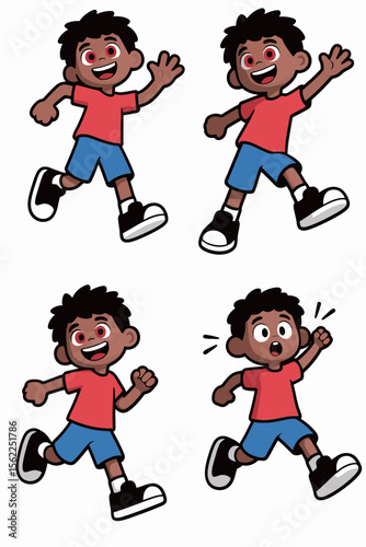Happy Boy in Red Shirt and Blue Shorts Showing Various Actions